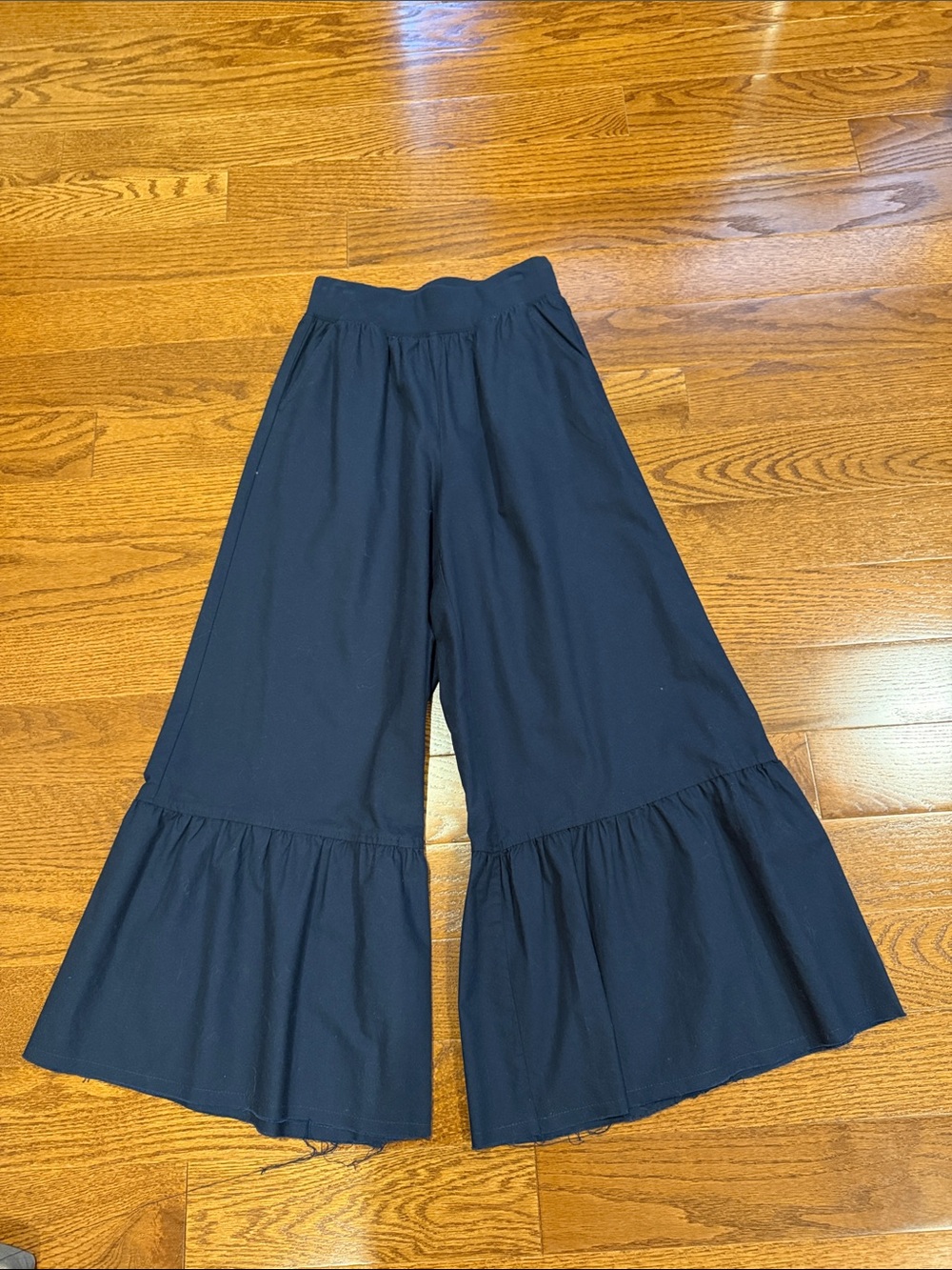 Navy Wide-Leg Ruffle Hem Pants